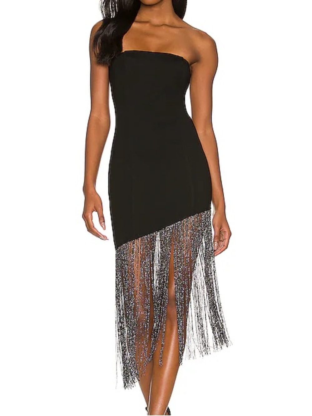 Strapless Black Fringe Midi Dress